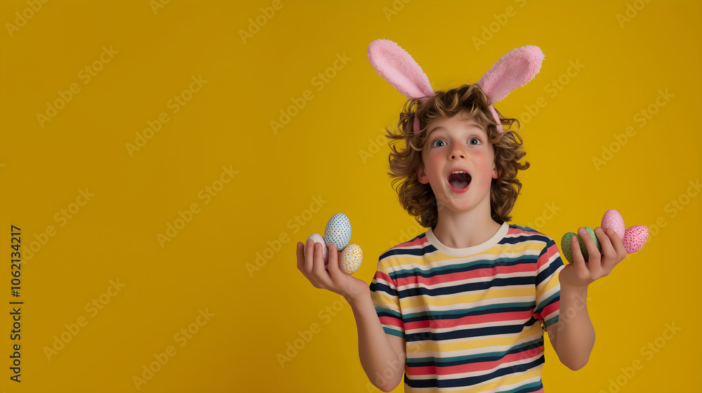 Young boy in striped shirt wearing bunny ears holding colorful easter eggs on yellow background, children holiday celebration concept Young boy in striped shirt wearing bunny ears holding colorful easter eggs on yellow background, children holiday celebration concept