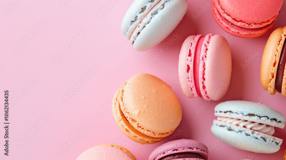 Close-up top-view of macarons on pastel background with space for text Close-up top-view of macarons on pastel background with space for text