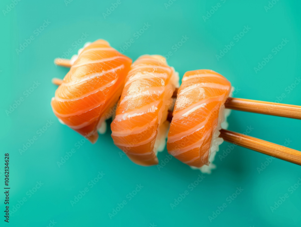 Sushi rolls with salmon slices held by chopsticks on a teal background Sushi rolls with salmon slices held by chopsticks on a teal background