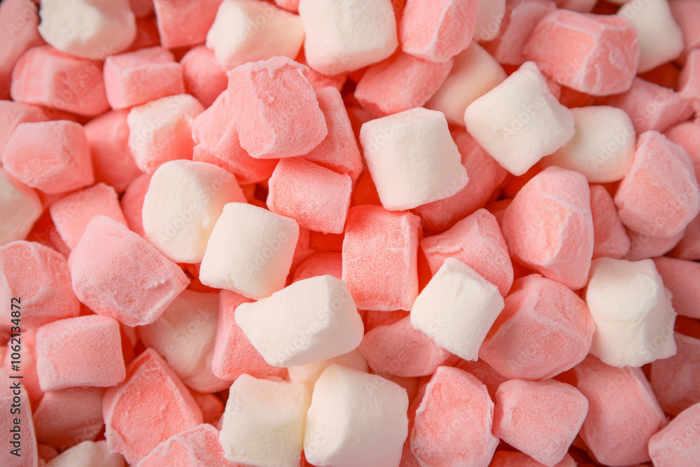 Colorful marshmallows create a delightful pile of pink and white sweetness Colorful marshmallows create a delightful pile of pink and white sweetness
