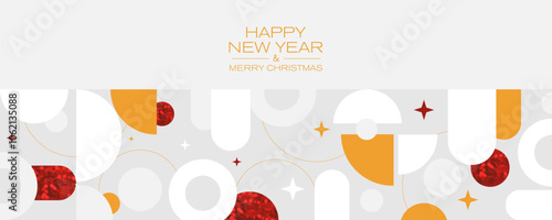 New Year's banner with a minimalistic design and glitter. Colored shapes on a gray background. Merry Christmas and Happy New Year banner.	