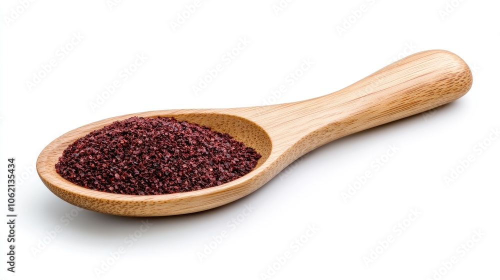 A vibrant wooden spoon filled with red flaked ground pepper on a pristine background, showcasing culinary artistry in studio lighting A vibrant wooden spoon filled with red flaked ground pepper on a pristine background, showcasing culinary artistry in studio lighting