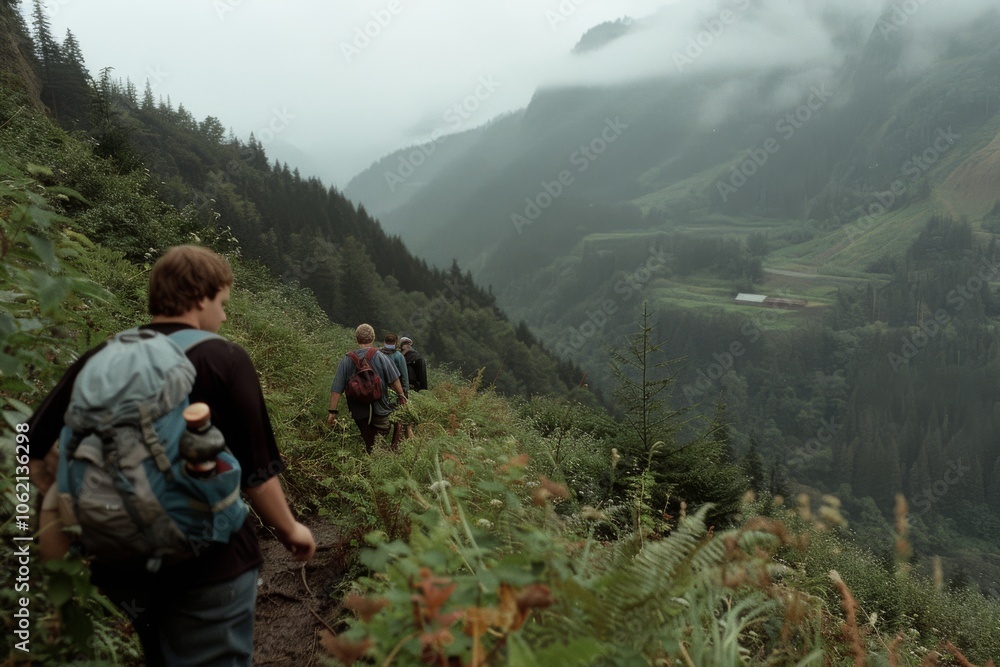 A group of hikers ascends a lush, misty mountain trail, surrounded by verdant landscapes and distant fog-shrouded peaks, emphasizing adventure and exploration. A group of hikers ascends a lush, misty mountain trail, surrounded by verdant landscapes and distant fog-shrouded peaks, emphasizing adventure and exploration.