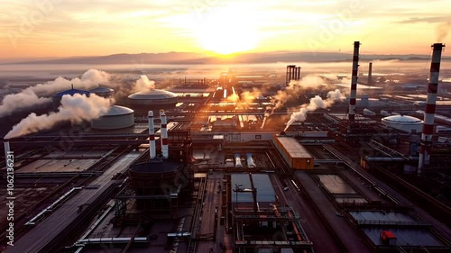 Sunrise over industrial zone with smokestacks and smoke