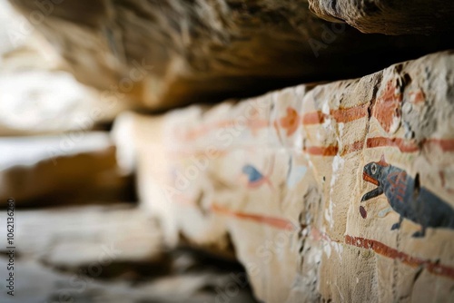 Ancient rock paintings whisper stories of early life, capturing movement and history within the shadows of a mysterious cave. photo