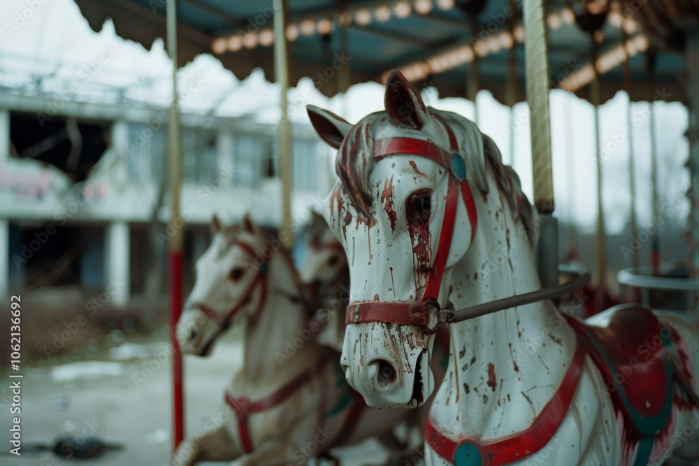 Weathered carousel horses evoke nostalgia and mystery in an abandoned amusement park, surrounded by overcast skies and faded colors. Weathered carousel horses evoke nostalgia and mystery in an abandoned amusement park, surrounded by overcast skies and faded colors.