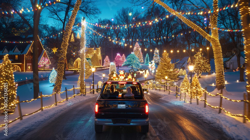 family car driving down street decorated with colorful Christmas lights, surrounded by festive trees and holiday decorations, creating joyful atmosphere