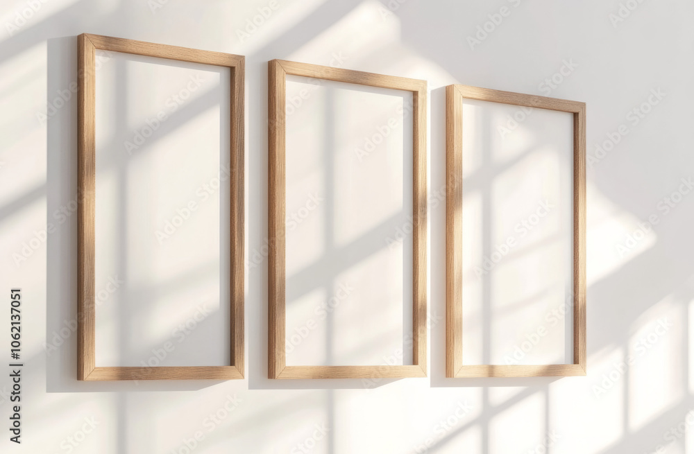 Empty wooden frames casting shadows on a bright wall during afternoon light Empty wooden frames casting shadows on a bright wall during afternoon light