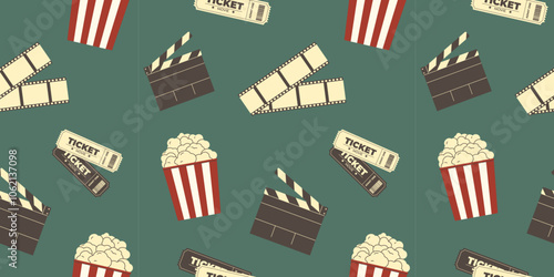 International Film Day pattern on green background. World Cinema Day.Popcorn, tickets, film strip and Clapperboard. Great for wallpaper, banner, website, wrapping paper, cards and packaging.