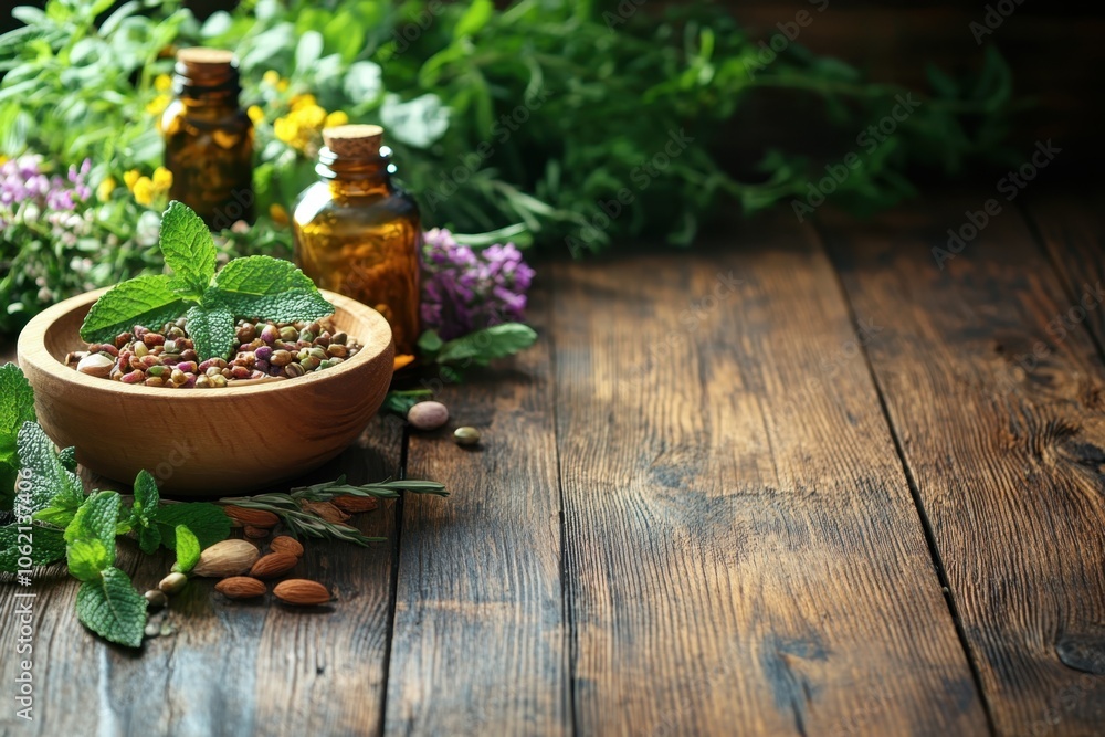 A rustic wooden bowl filled with vibrant seeds surrounded by herbs and essential oil bottles A rustic wooden bowl filled with vibrant seeds surrounded by herbs and essential oil bottles