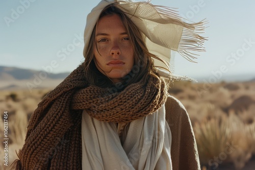 A young woman bundled in thick scarves gazes fiercely at the camera, set against a vast, arid landscape under a clear, bright sky. photo