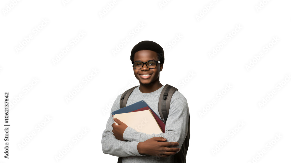 Smiling young African American college student with books and backpack, wearing glasses, isolated on transparent background Smiling young African American college student with books and backpack, wearing glasses, isolated on transparent background