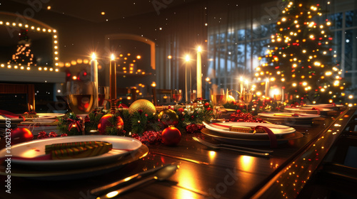 festive holiday dinner table set with elegant plates, candles, and decorations, surrounded by beautifully lit Christmas tree, creating warm and inviting atmosphere
