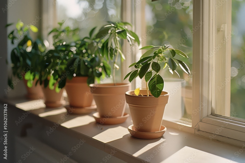 Sun-kissed potted plants thrive on a windowsill, bathed in natural light, creating a peaceful, vibrant interior atmosphere. Sun-kissed potted plants thrive on a windowsill, bathed in natural light, creating a peaceful, vibrant interior atmosphere.