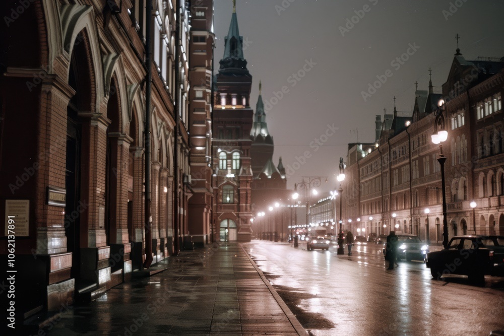Obraz premium Elegant city nighttime view with wet pavement reflecting lights, historic buildings lining the street under a dimly lit, overcast sky.