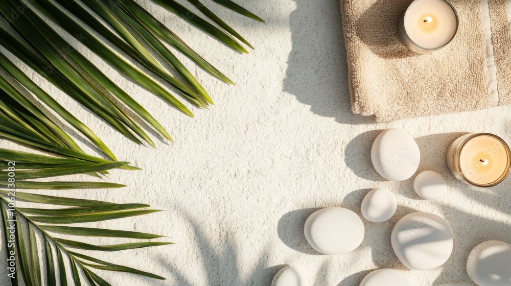Relaxing spa setup featuring candles and smooth stones surrounded by greenery Relaxing spa setup featuring candles and smooth stones surrounded by greenery