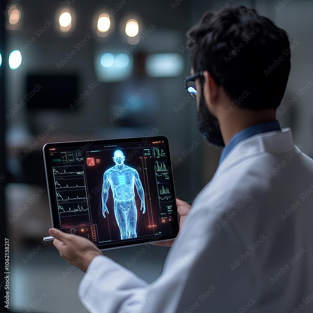 Doctor analyzing holographic patient data on tablet, futuristic health technology, smart healthcare concept Doctor analyzing holographic patient data on tablet, futuristic health technology, smart healthcare concept