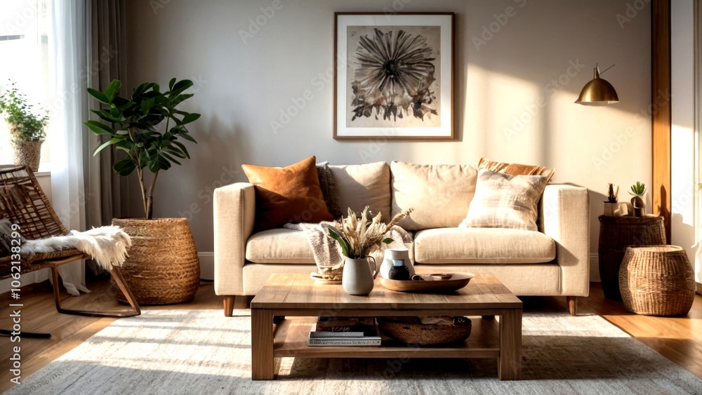 Boho Living Room Interior with Stylish Beige Sofa, Cozy Decor, Wicker Baskets, and Elegant Accessories for Chic Home Aesthetic Boho Living Room Interior with Stylish Beige Sofa, Cozy Decor, Wicker Baskets, and Elegant Accessories for Chic Home Aesthetic