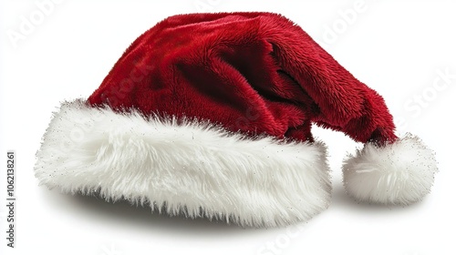 whimsical floating santa hat soft red velvet texture fluffy white trim playful tilt subtle holiday sparkle clean white background