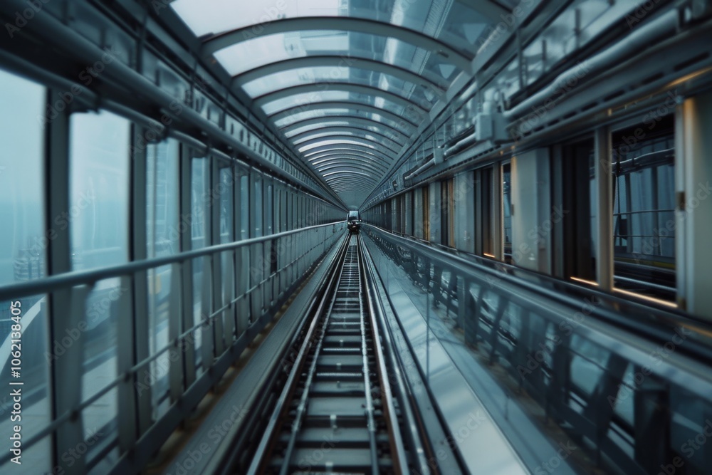A futuristic hallway with a glass ceiling, converging into a vanishing point, creates a surreal feeling of endless possibilities and motion. A futuristic hallway with a glass ceiling, converging into a vanishing point, creates a surreal feeling of endless possibilities and motion.