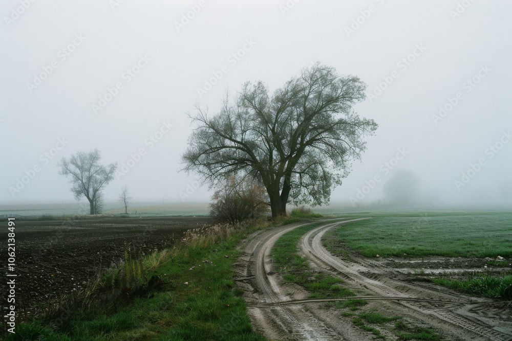 A winding dirt path leads through misty fields, flanked by leafless trees, evoking solitude and tranquility in the foggy countryside. A winding dirt path leads through misty fields, flanked by leafless trees, evoking solitude and tranquility in the foggy countryside.