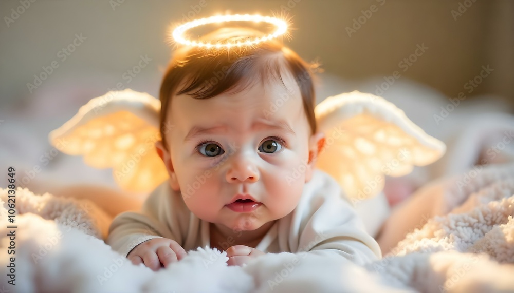 Christmas baby with golden halo and angel wings with copy space Christmas baby with golden halo and angel wings with copy space