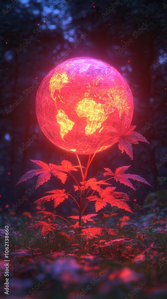 Fototapeta premium A glowing representation of Earth, emerging from a vibrant plant in a mystical forest setting, symbolizing nature and sustainability.