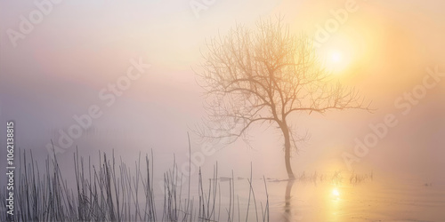 Tree on a lake in the fog