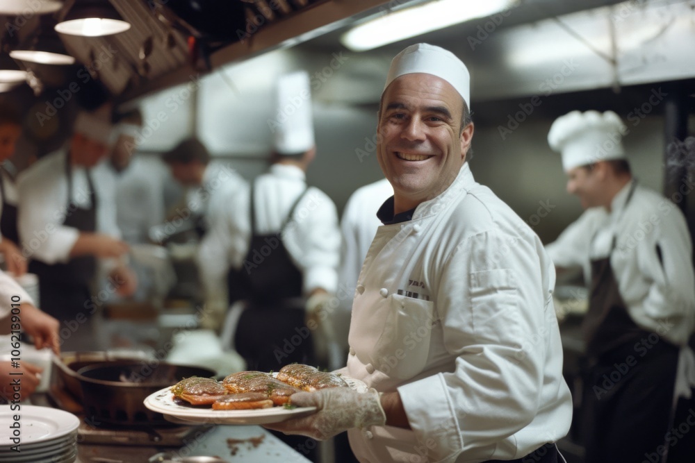 A joyful chef proudly showcases a plate of gourmet dishes in a bustling kitchen, highlighting the art and passion of culinary craftsmanship. A joyful chef proudly showcases a plate of gourmet dishes in a bustling kitchen, highlighting the art and passion of culinary craftsmanship.