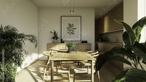 In this minimalist Scandinavian dining room, a beautiful wooden table and matching chairs create an inviting atmosphere, complemented by large framed wall art on the pristine white walls. 