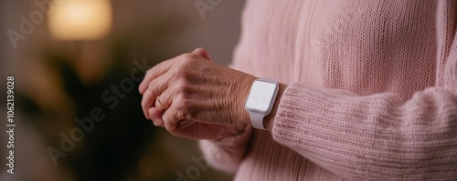 Elderly patient checking vitals on wearable device, soft home lighting, personal health care