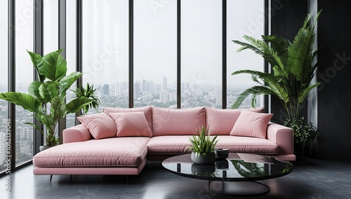A modern minimalist living room featuring a pink sofa adorned with large and small cushions, complemented by floor-to-ceiling windows that fill the space with natural light.