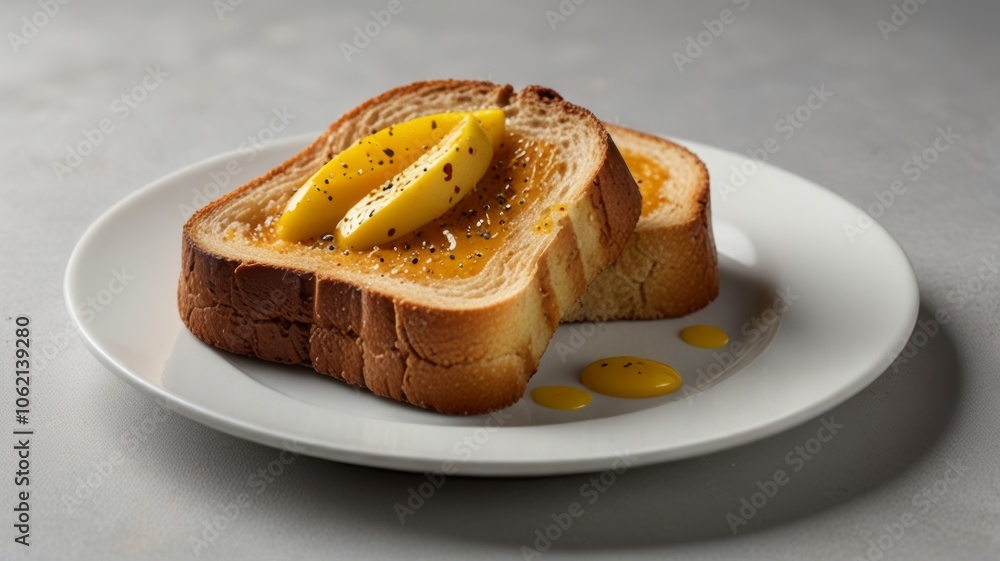 Colorful Toasts with Fruit, Cheddar Cheese, and Creamy Toppings on Elegant Plates Colorful Toasts with Fruit, Cheddar Cheese, and Creamy Toppings on Elegant Plates