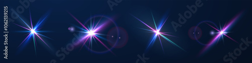 The image shows a multi-colored starlight including sunlight and dawn effect. Rainbow star. The star shines with a rainbow of red yellow and blue colors. Optical effect of fire light. Vector lens