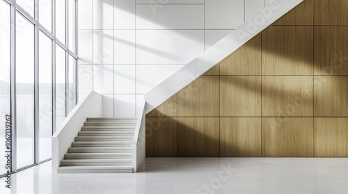 Stylish staircase wall in a hallway featuring sleek wooden panels on one side and above, showcasing modern interior design with white walls and wood paneling. 
