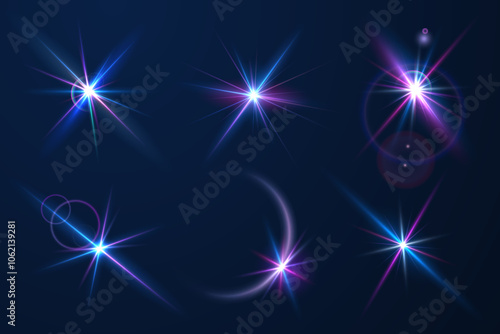 The image shows a multi-colored starlight including sunlight and dawn effect. Rainbow star. The star shines with a rainbow of red yellow and blue colors. Optical effect of fire light. Vector lens