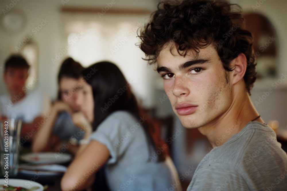 A thoughtful young man seated at a dining table gazes into the distance, surrounded by peers. A thoughtful young man seated at a dining table gazes into the distance, surrounded by peers.