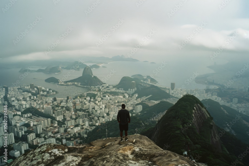 A lone figure stands on a peak, gazing over a sprawling cityscape with iconic peaks emerging through the mist, symbolizing contemplation and exploration. A lone figure stands on a peak, gazing over a sprawling cityscape with iconic peaks emerging through the mist, symbolizing contemplation and exploration.