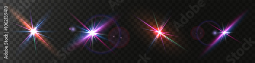 The image shows a multi-colored starlight including sunlight and dawn effect. Rainbow star. The star shines with a rainbow of red yellow and blue colors. Optical effect of fire light. Vector lens