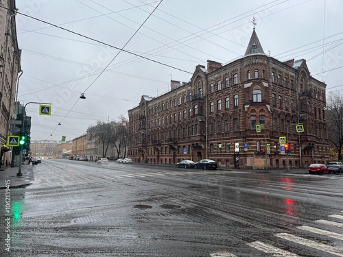 Grey city. Street in the rainy snowy weater photo