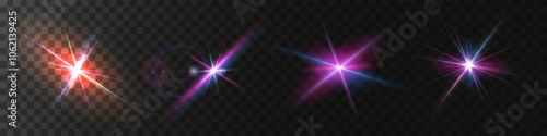 The image shows a multi-colored starlight including sunlight and dawn effect. Rainbow star. The star shines with a rainbow of red yellow and blue colors. Optical effect of fire light. Vector lens