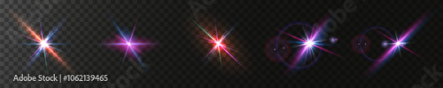 The image shows a multi-colored starlight including sunlight and dawn effect. Rainbow star. The star shines with a rainbow of red yellow and blue colors. Optical effect of fire light. Vector lens