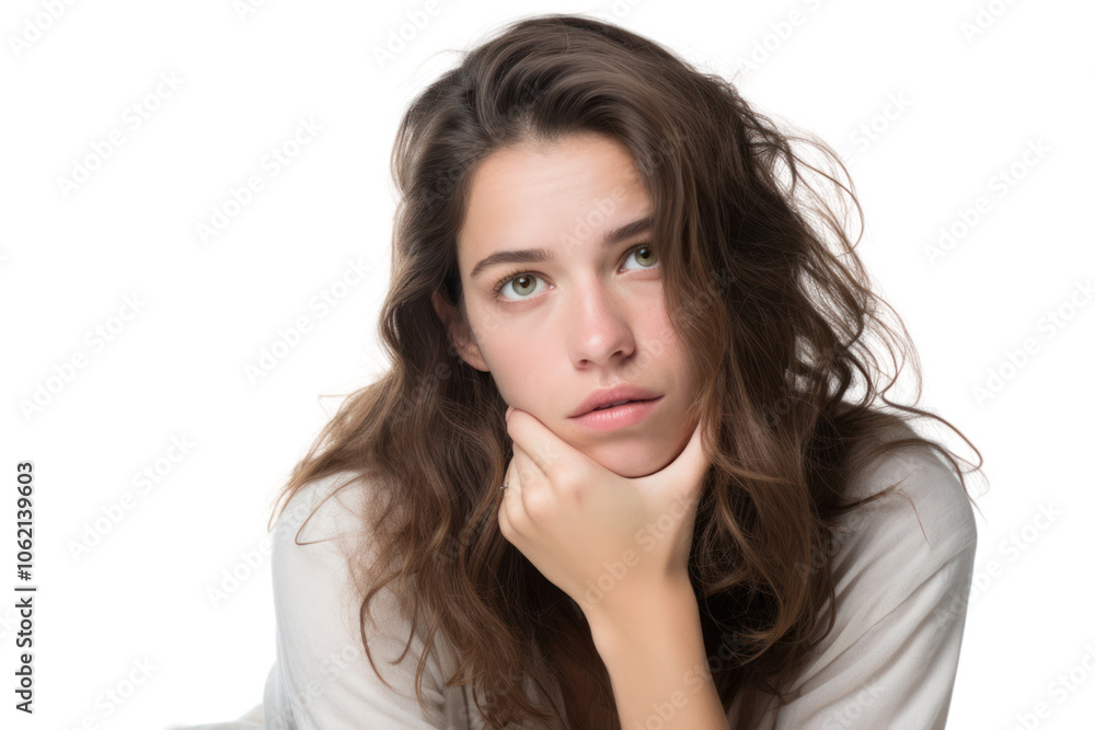 A young woman with medium-length brown hair covers her left eye with her hand, isolated on white background A young woman with medium-length brown hair covers her left eye with her hand, isolated on white background