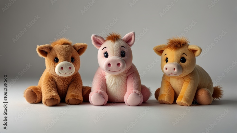 Three adorable plush toy animals—light brown cow, pink pig, and orange calf—sitting close together against a simple background, exuding cuteness. Three adorable plush toy animals—light brown cow, pink pig, and orange calf—sitting close together against a simple background, exuding cuteness.