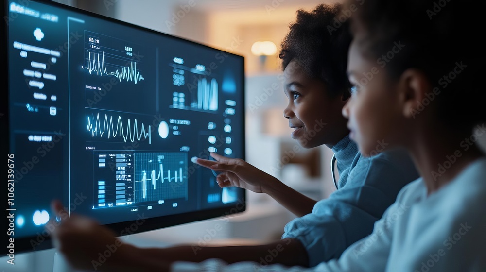 Family viewing health data in smart home, patient-centered technology, warm ambiance Family viewing health data in smart home, patient-centered technology, warm ambiance