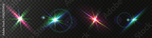The image shows a multi-colored starlight including sunlight and dawn effect. Rainbow star. The star shines with a rainbow of red yellow and blue colors. Optical effect of fire light. Vector lens