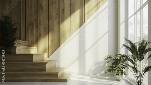 Stylish staircase wall in a hallway featuring sleek wooden panels on one side and above, showcasing modern interior design with white walls and wood paneling. 