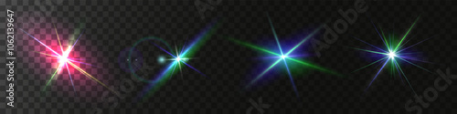 The image shows a multi-colored starlight including sunlight and dawn effect. Rainbow star. The star shines with a rainbow of red yellow and blue colors. Optical effect of fire light. Vector lens