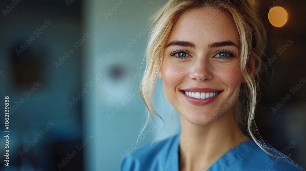 Female blonde physician wearing scrubs smiling to camera Female blonde physician wearing scrubs smiling to camera