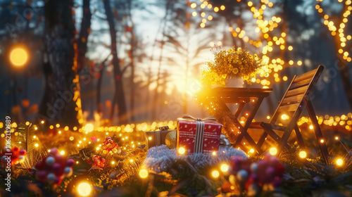 festive outdoor Christmas table set up in winter wonderland, adorned with twinkling lights, presents, and seasonal decorations, creating warm and inviting atmosphere